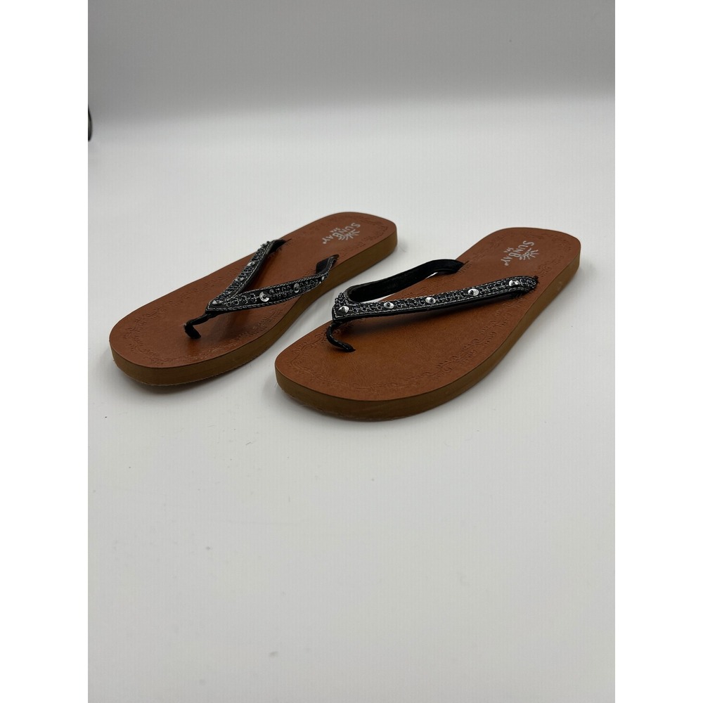 Sunbay Spa Womens Flip Flop Sandals Brown Black Rhinestone Embellished Size 8